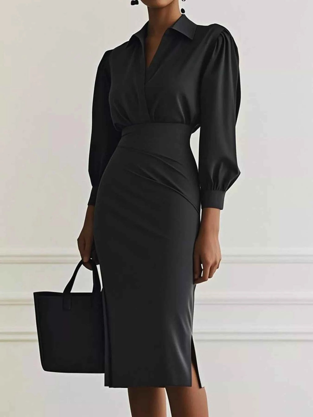 Ruched Midi Shirt Dress with Side Slit