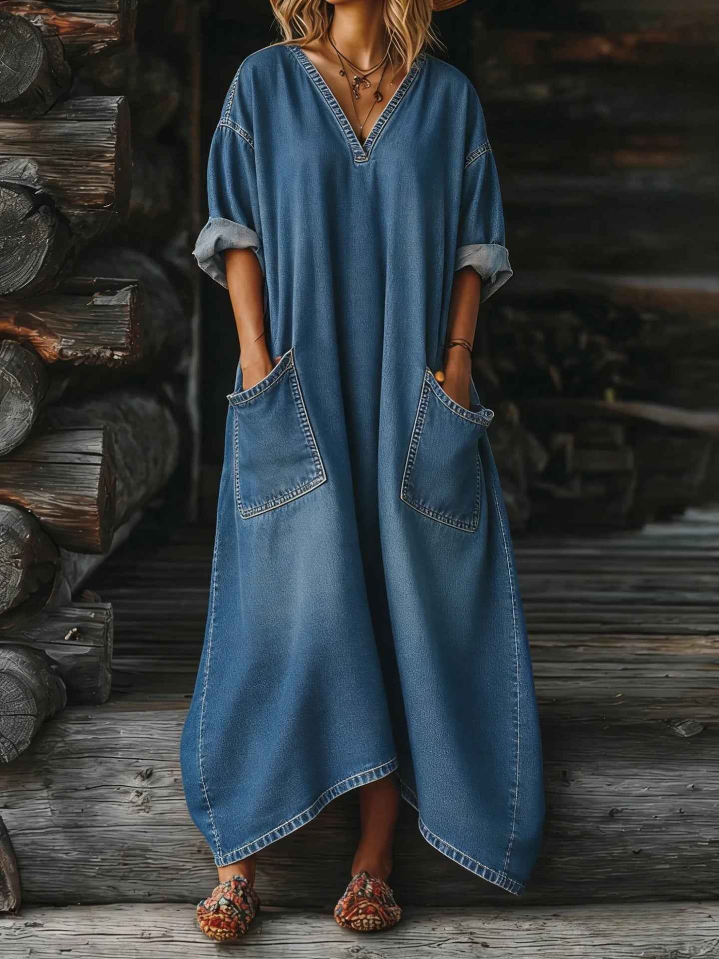 Casual Loose-fit Midi Denim Dress
