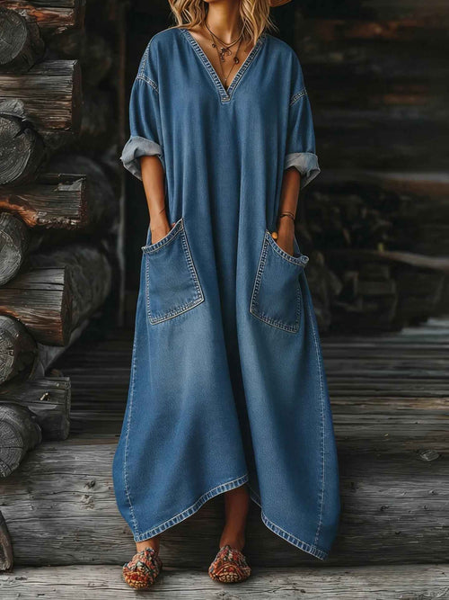 Casual Loose-fit Midi Denim Dress
