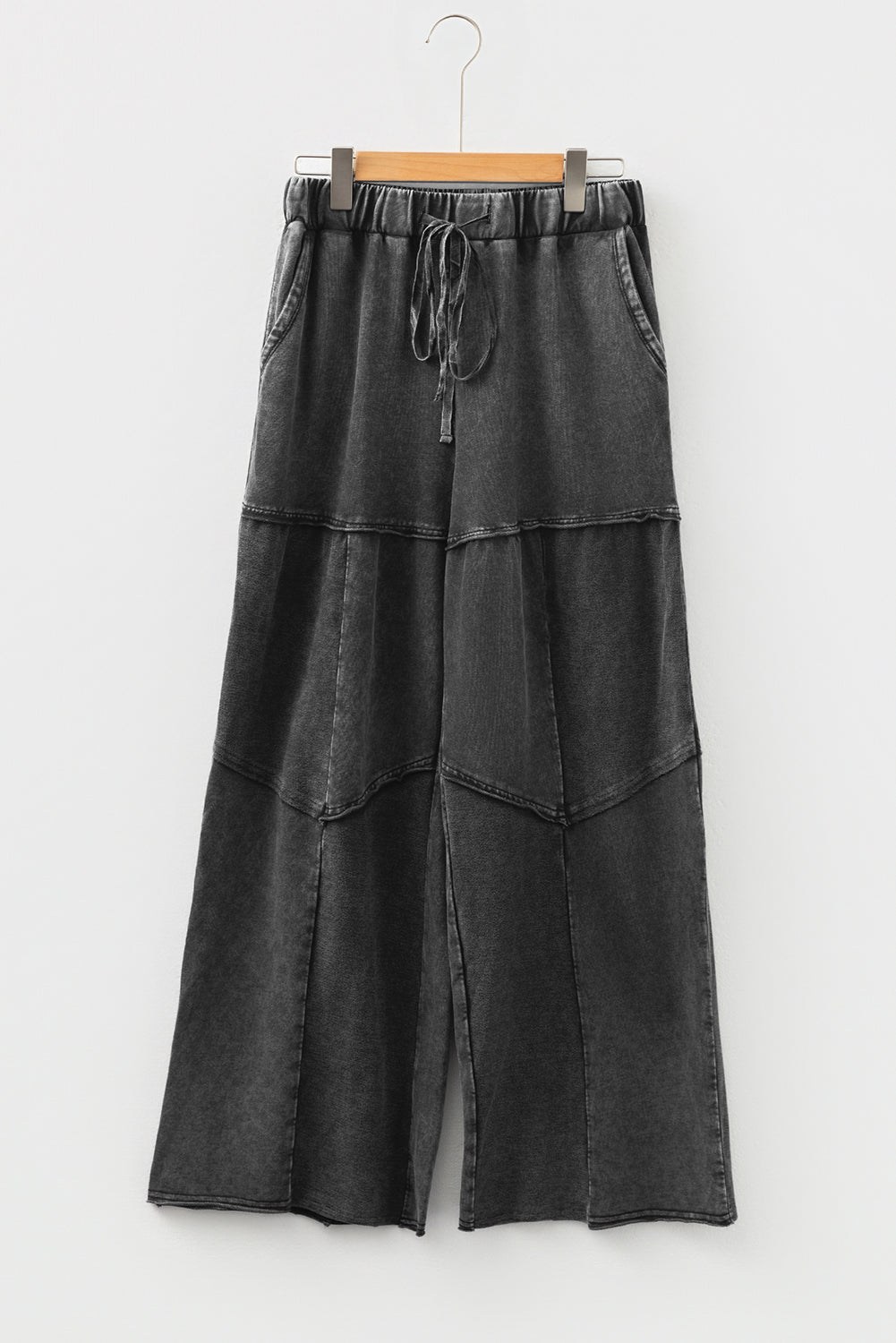 Black Mineral Wash Tiered Wide Leg Patchwork Drawstring Pants Dear-Lover Dropshipping