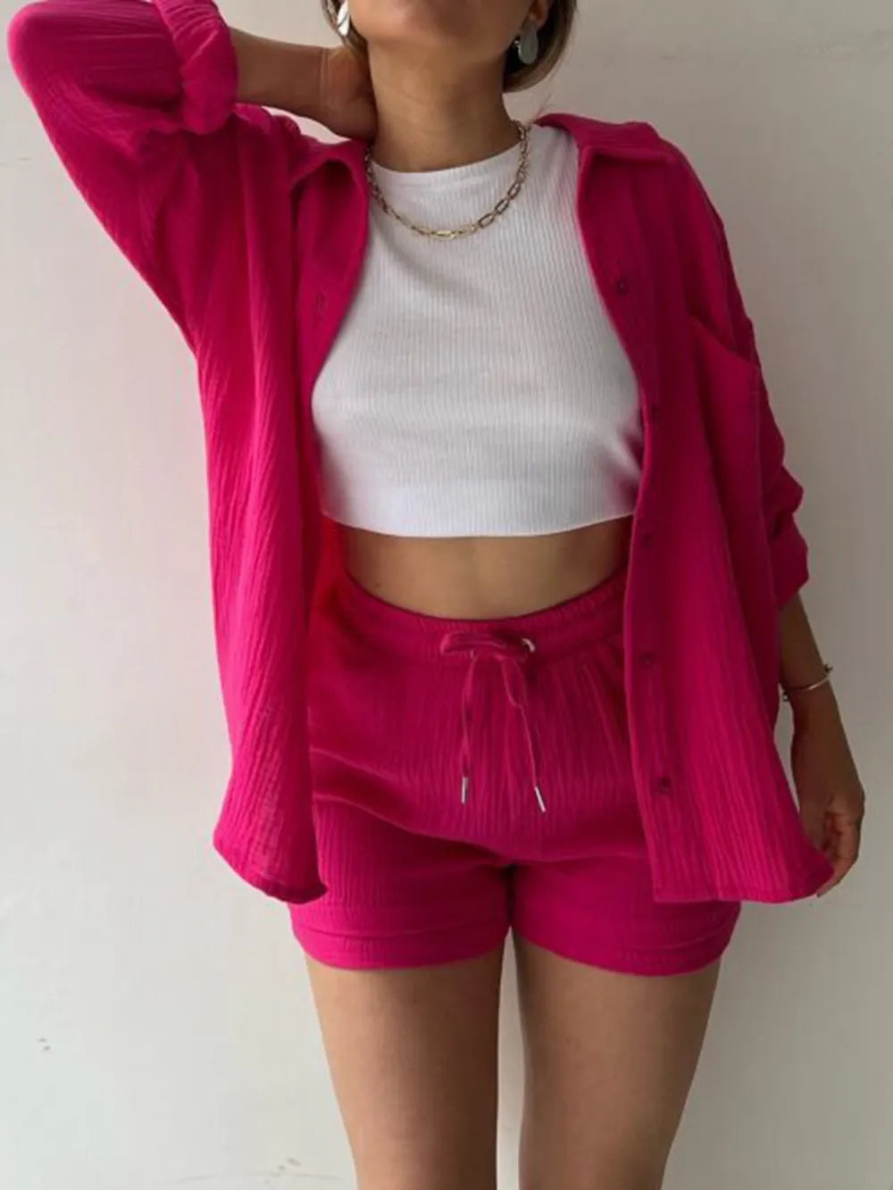 Texture Button Up Shirt and Drawstring Shorts Set - CHIC TB