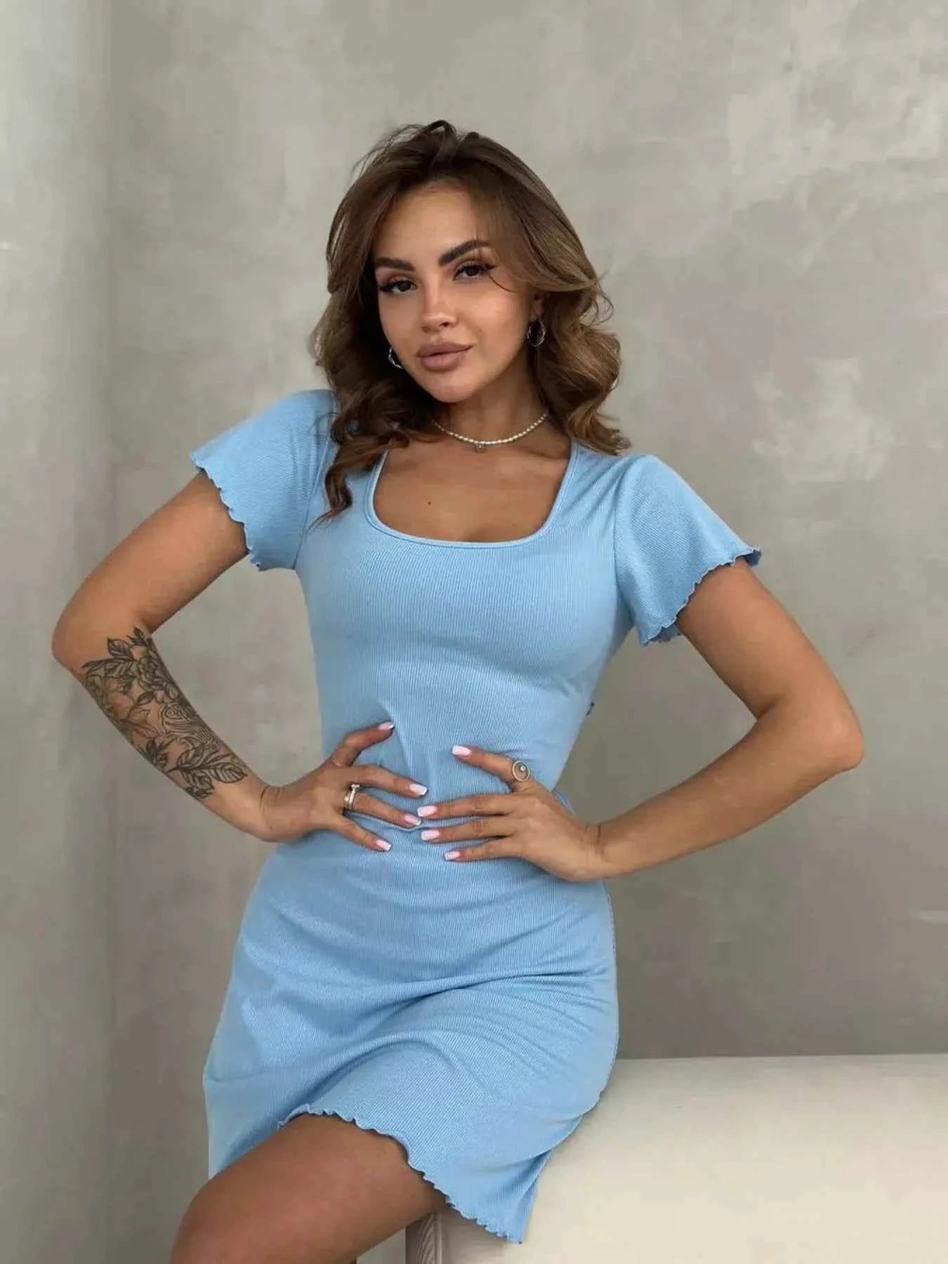 Ribbed Back Lace Up Short Sleeve Mini Dress