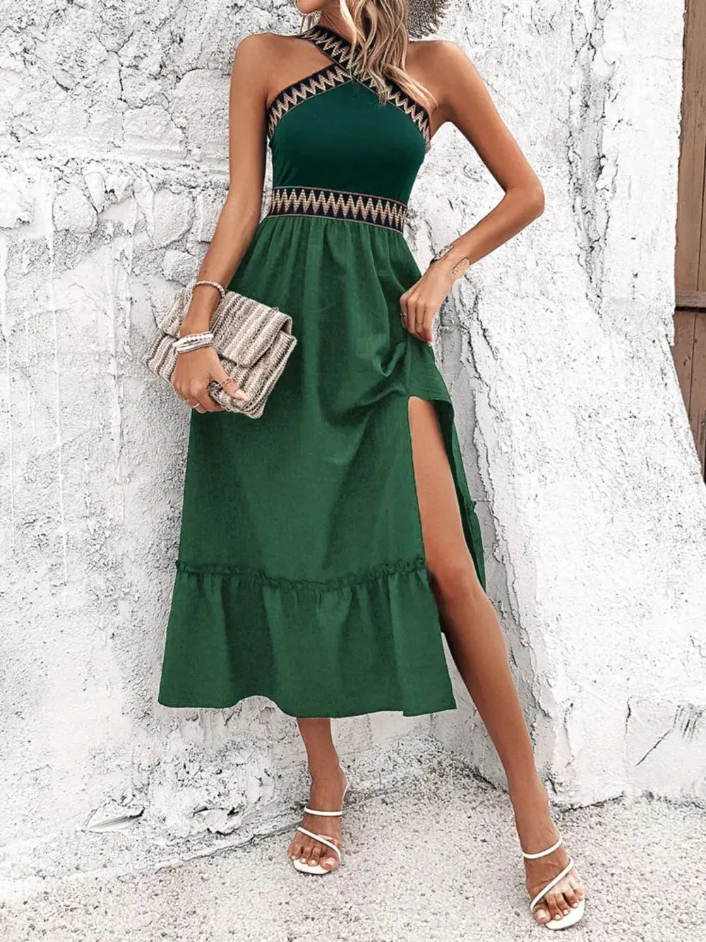 Devine Ruffled Slit Sleeveless Midi Dress.