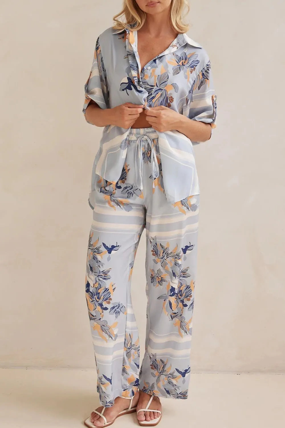 Printed Button Up Shirt and Pants Set - CHIC TB