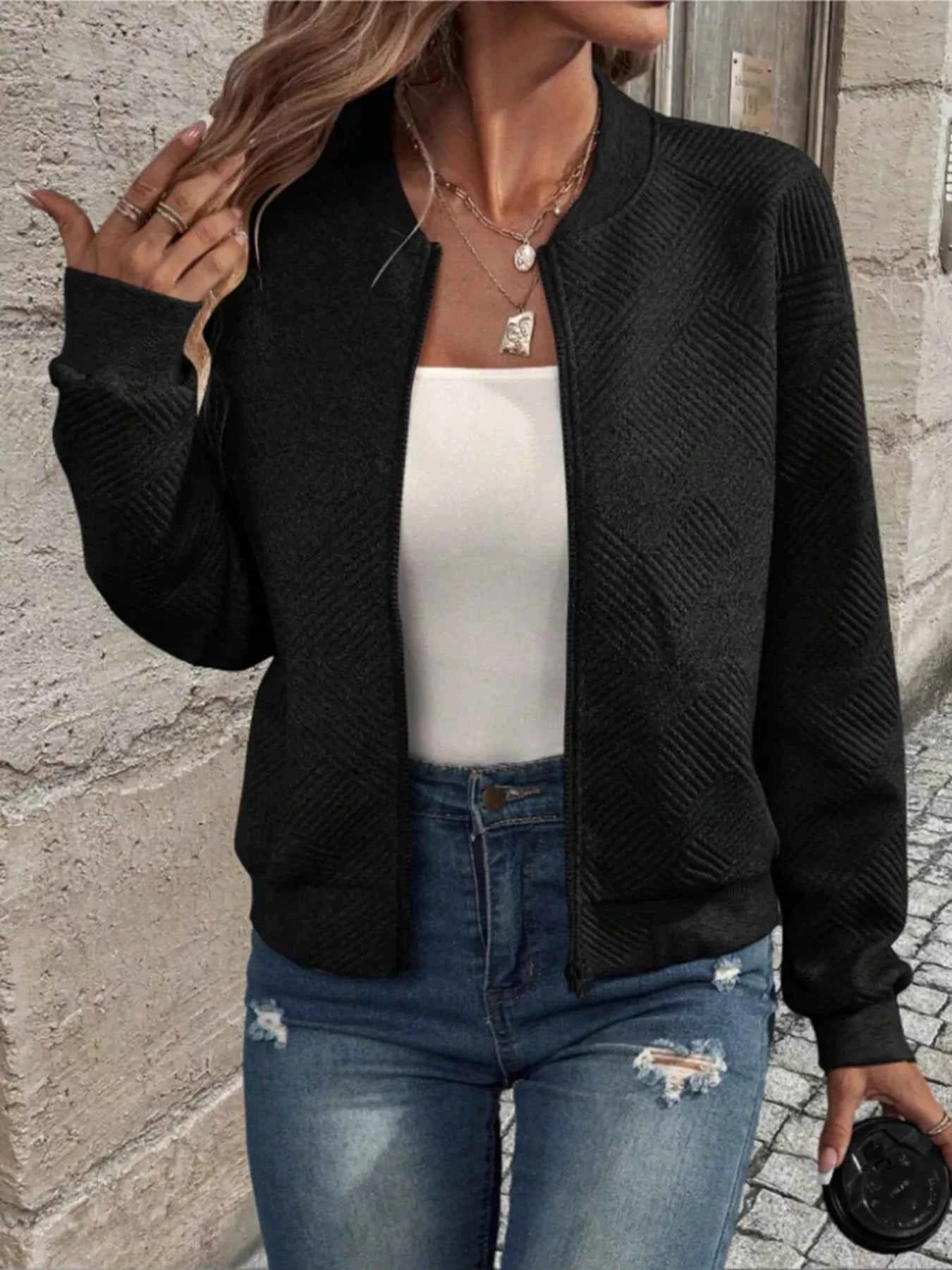 Textured Knit Zip-Up Bomber Jacket