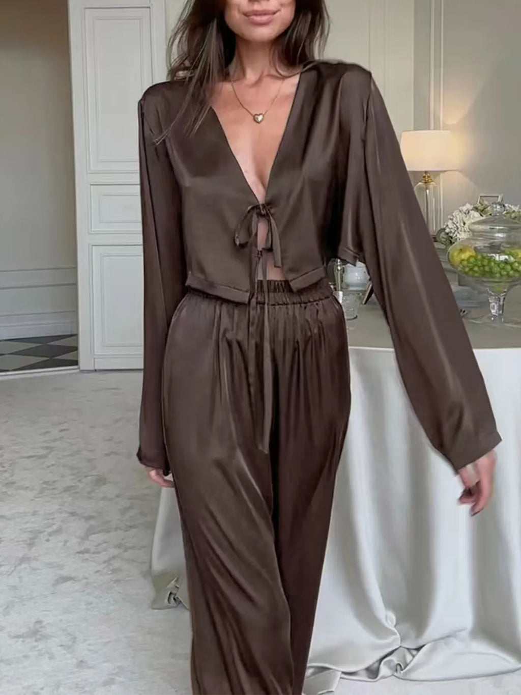 Tie-Front Crop Top and Pants Set.