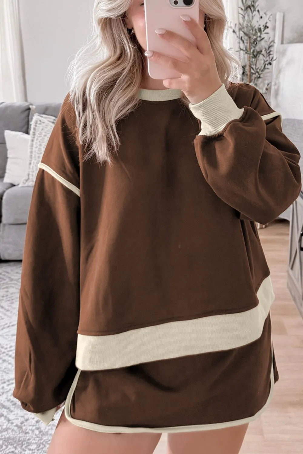 Contrast Trim Round Neck Top and Skort Set.