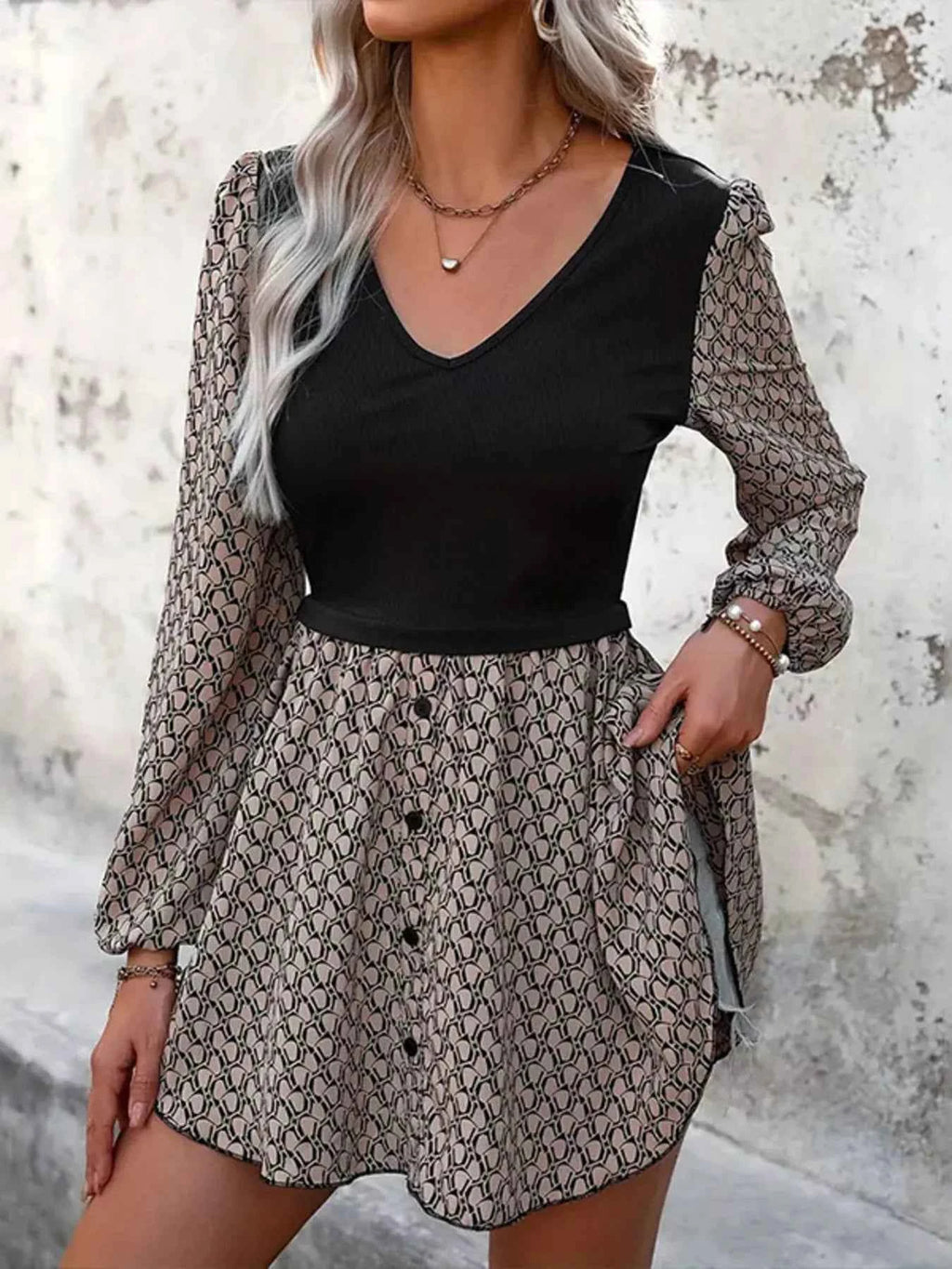 Printed V-Neck Long Sleeve Dress.
