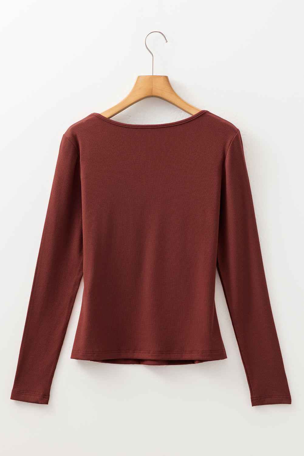 Burgundy Gathered Bust Square Neck Ribbed Fit Long Sleeve Top