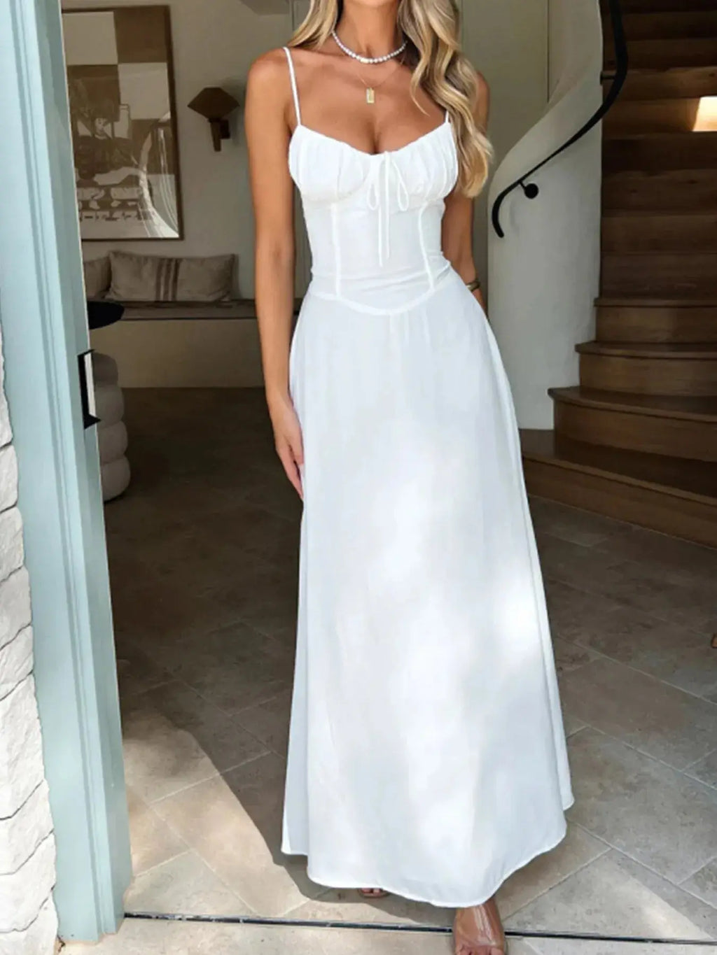 Lace-Up Solid Cami Dress.