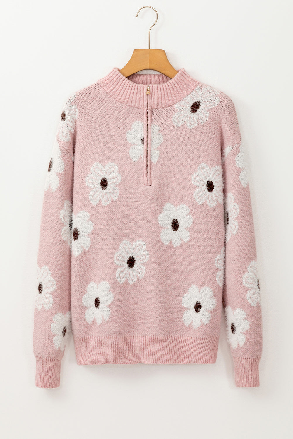 Pink Floral Pattern Half Zip Drop Shoulder Sweater Dear-Lover Dropshipping