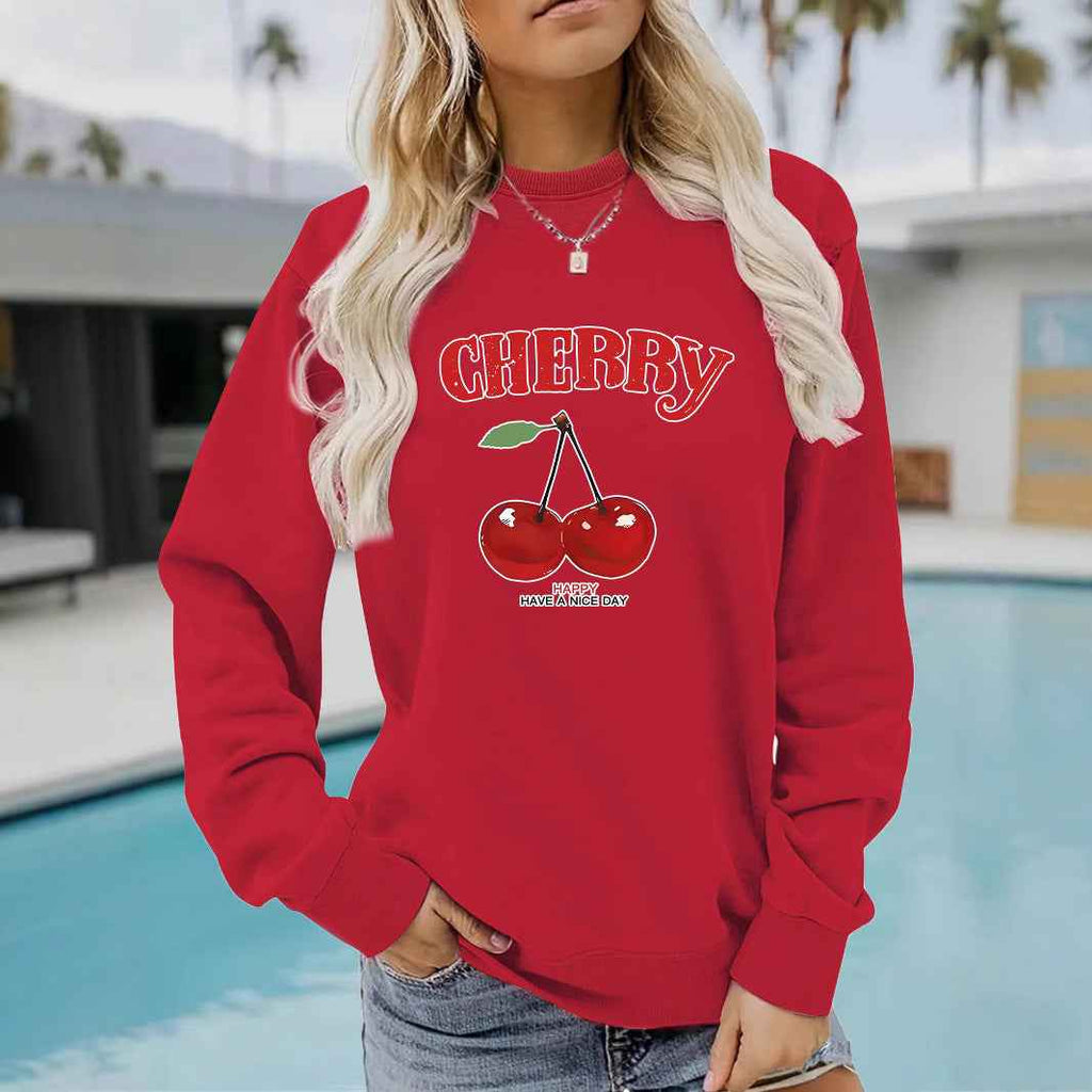 Round neck CHERRY cherry print pullover sweatshirt