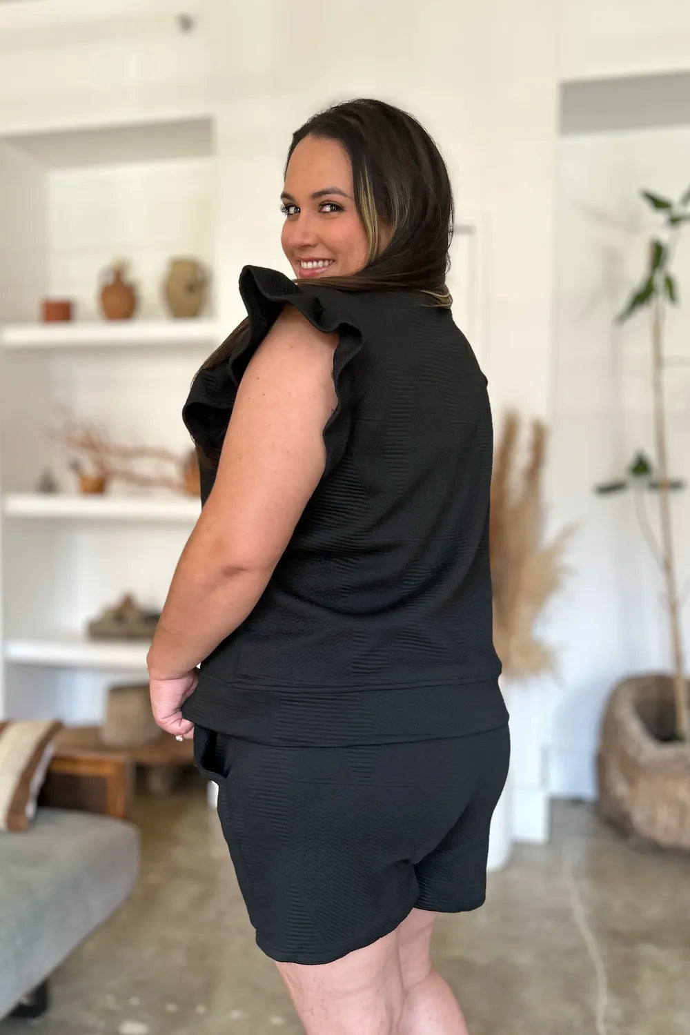 Double Take Full Size Texture Flounce Sleeve Top and Shorts Set.