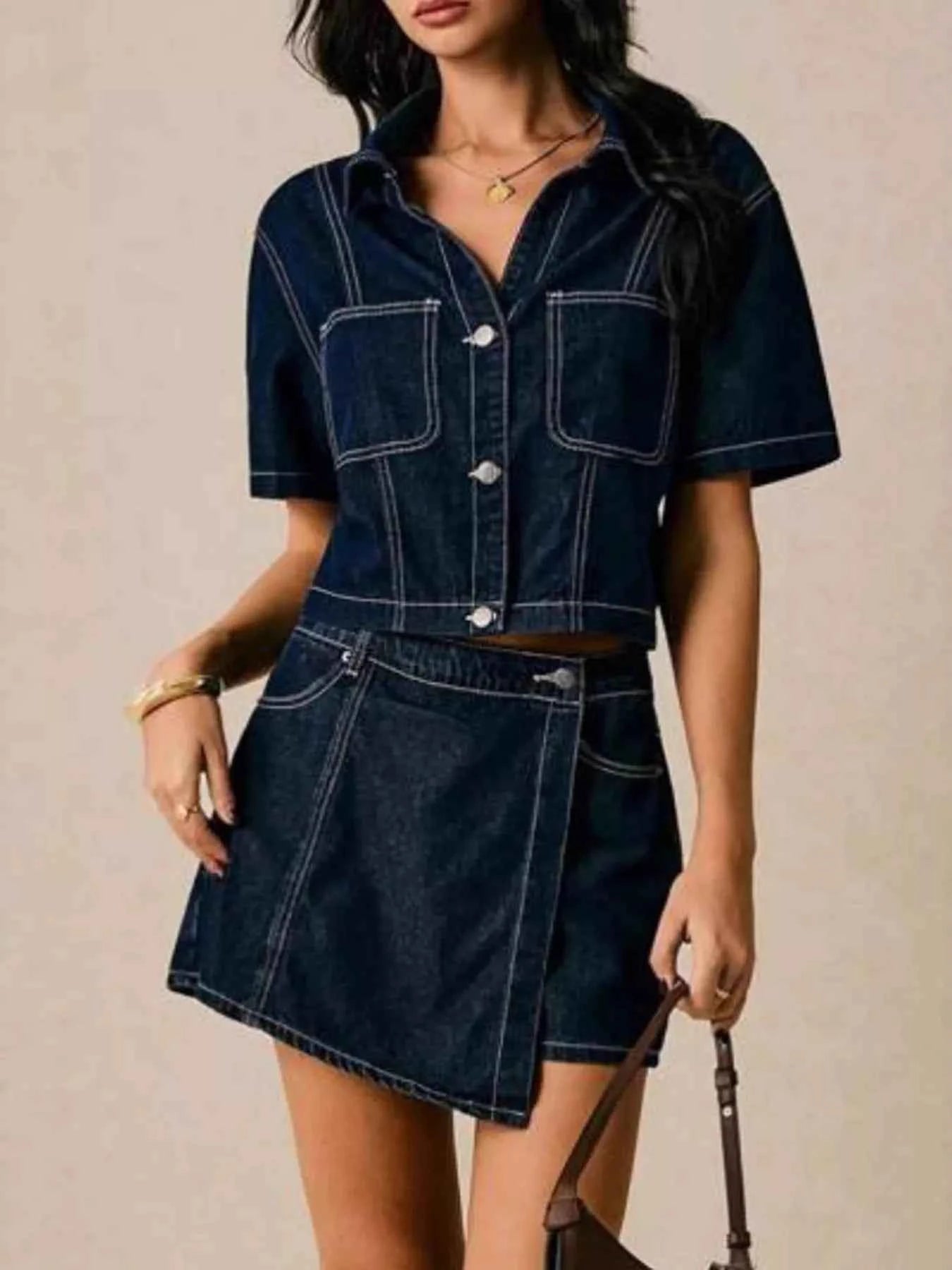 Button Up Short Sleeve Top and Skort Denim Set