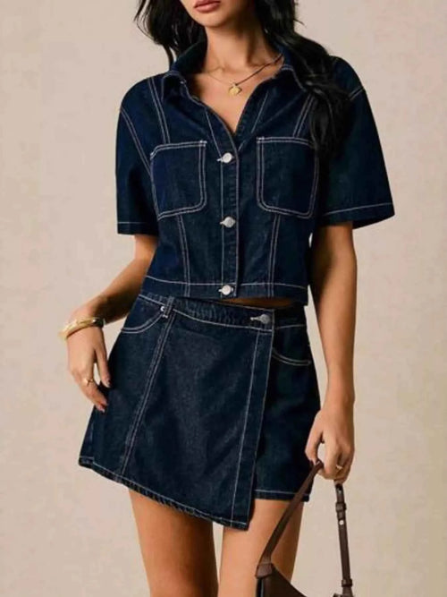 Button Up Short Sleeve Top and Skort Denim Set