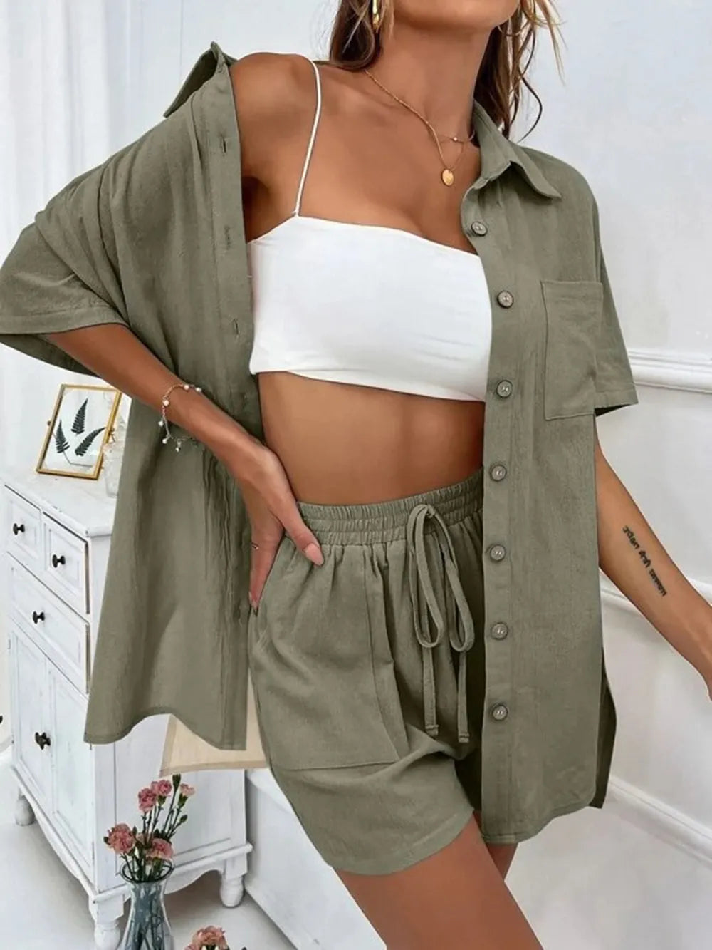 Button Up Shirt and Drawstring Shorts Set - CHIC TB