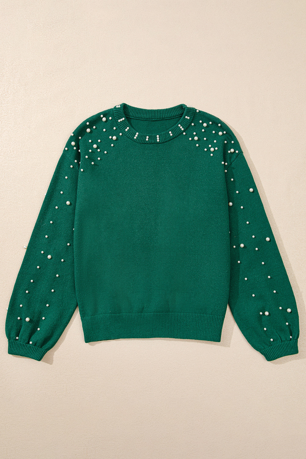 Evergreen Pearled Drop Shoulder Round Neck Sweater Dear-Lover Dropshipping