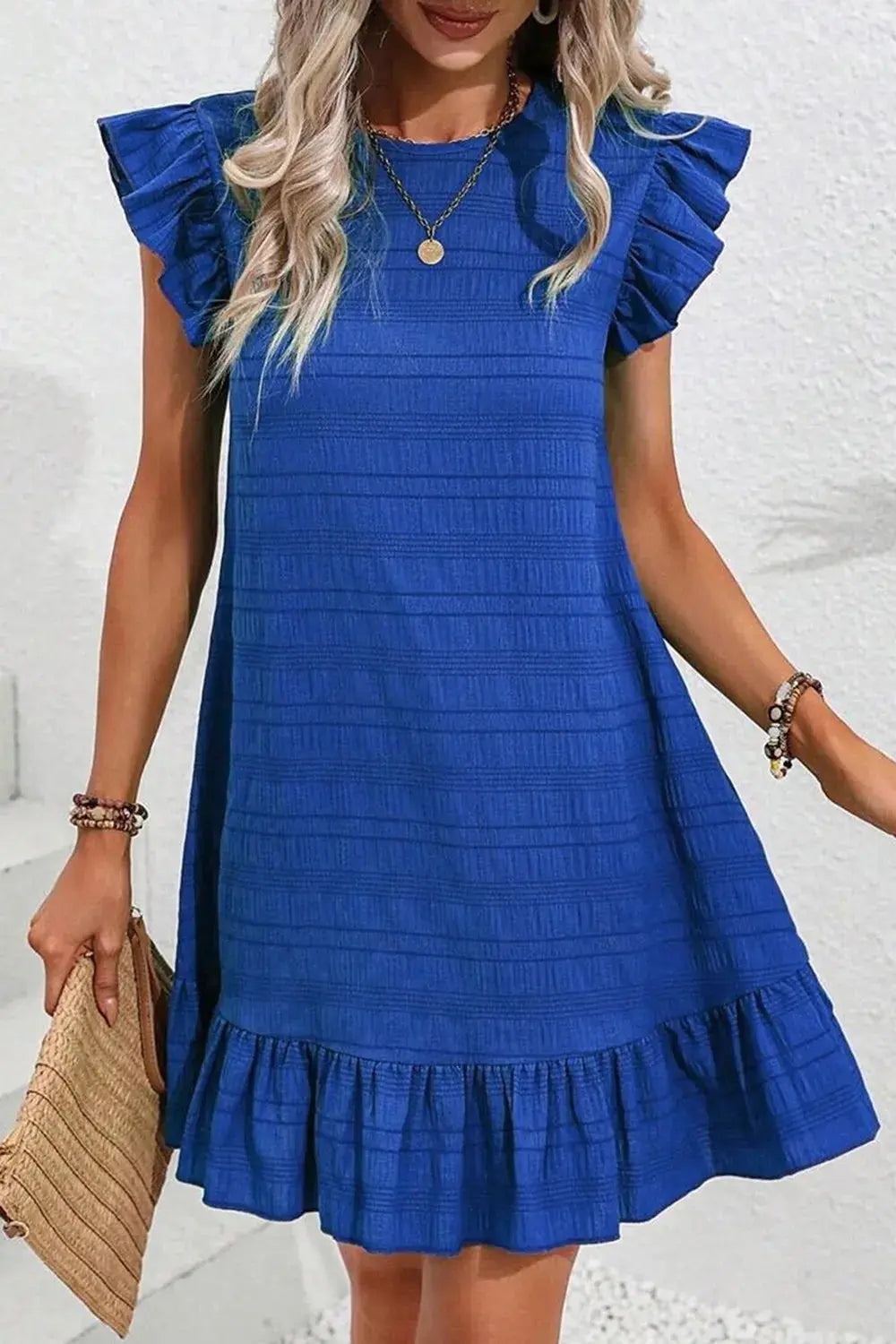 Ruffled Round Neck Cap Sleeve Dress.