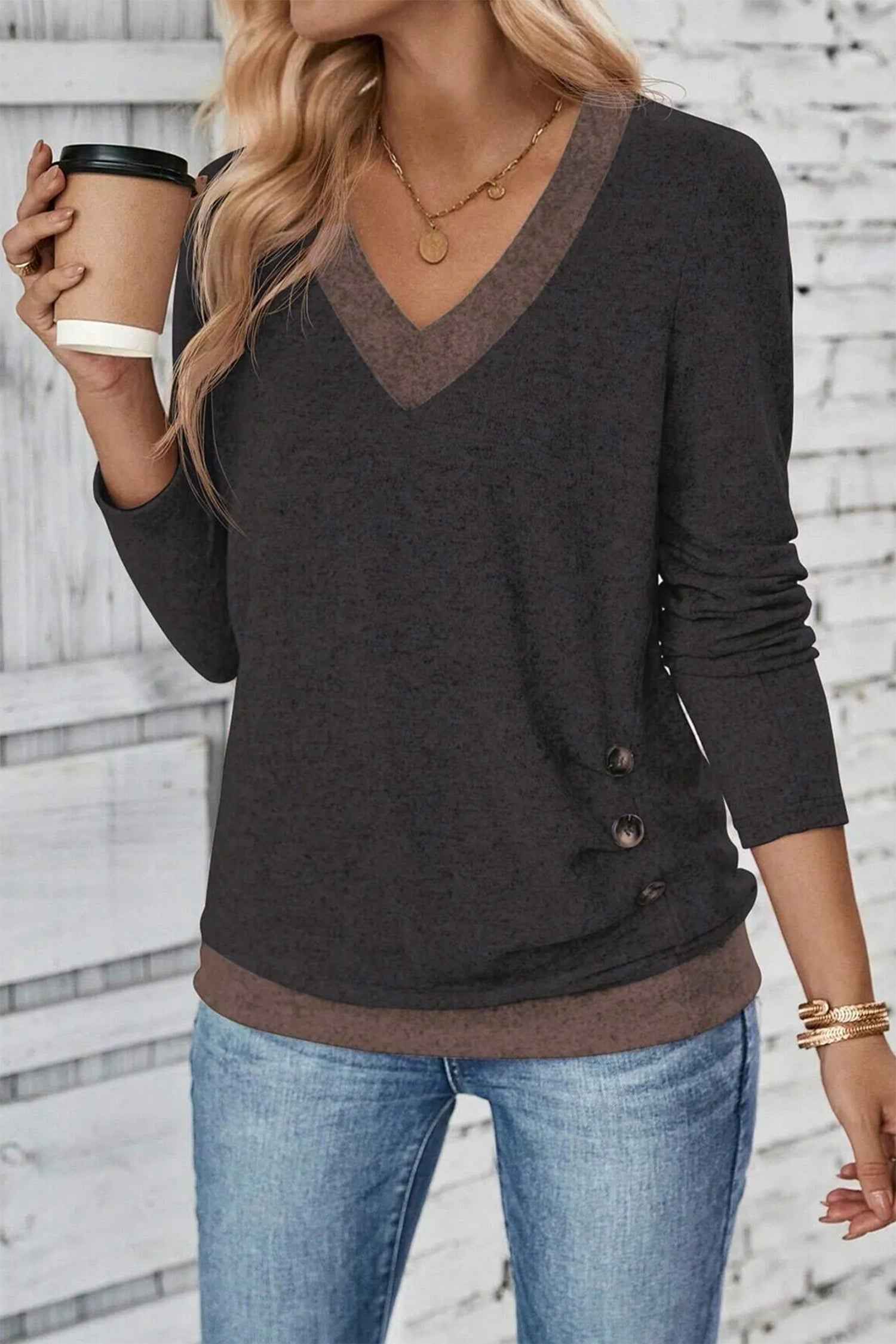 Chicory Coffee Color Block Trim V Neck Button Decor Long Sleeve Top