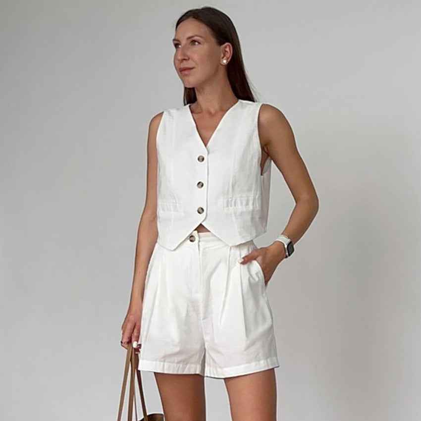 French-style Cotton-linen V-neck Sleeveless Minimalist Solid-color Set
