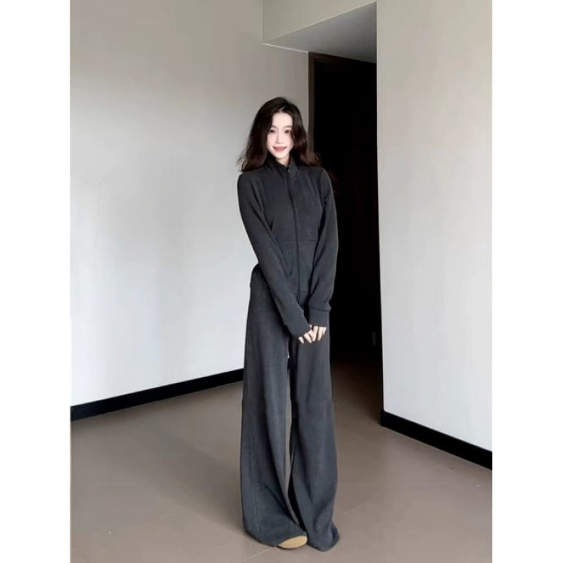 Slim-Fitting Casual Two-Piece Set for Women, Wide-Leg Pants and Sporty Outfit, Autumn Look, Student Style