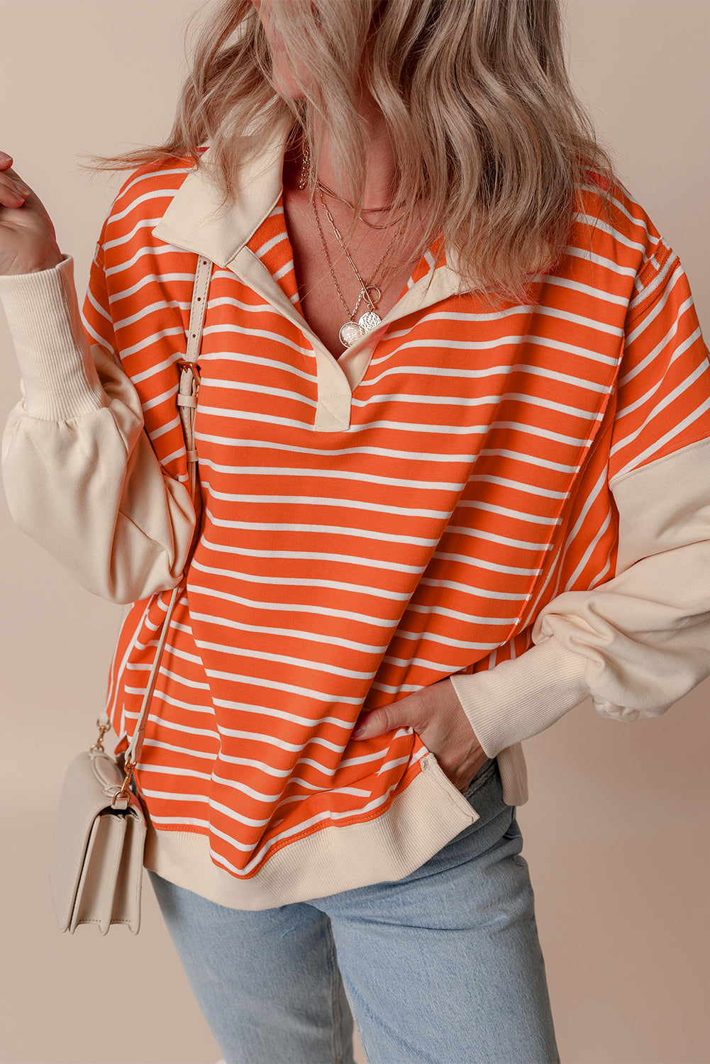 Orange Stripe Color Block Loose Fit Collared Drop Shoulder Sweatshirt Dear-Lover Dropshipping