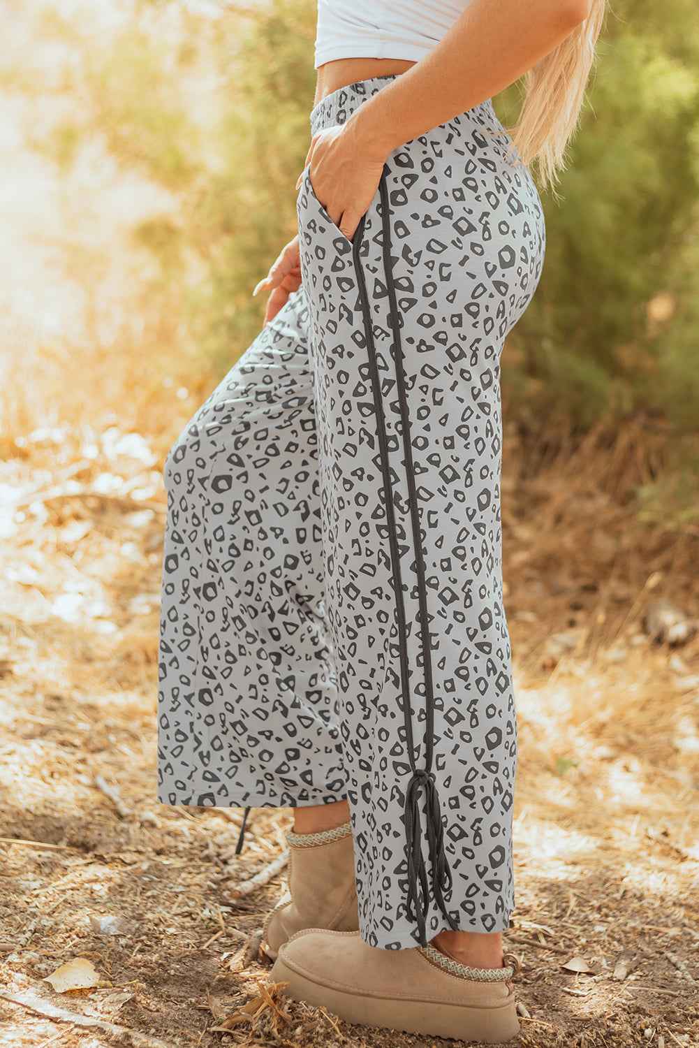 Gray Leopard High Waist Side Bow Straight Leg