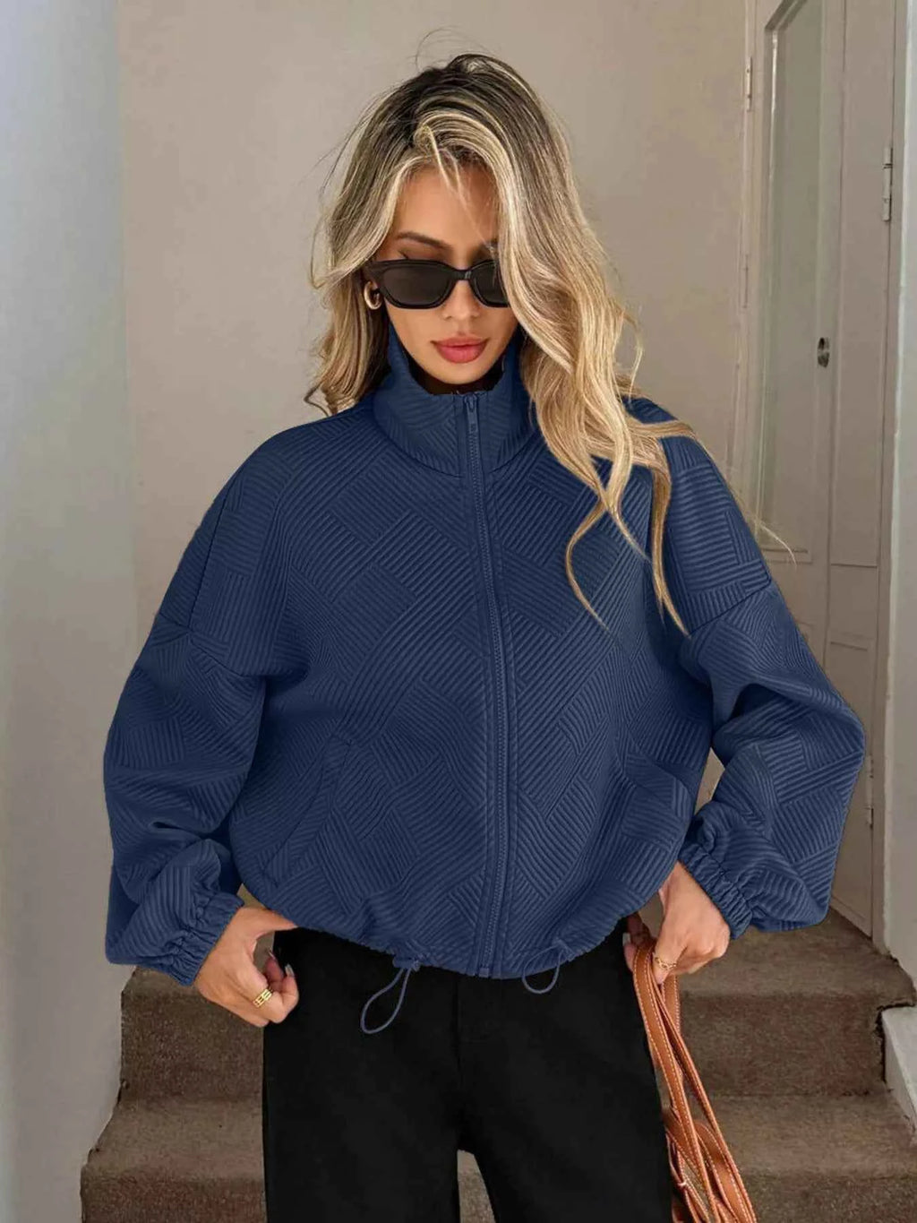 Drawstring Hem Textured Long Sleeve Jacket