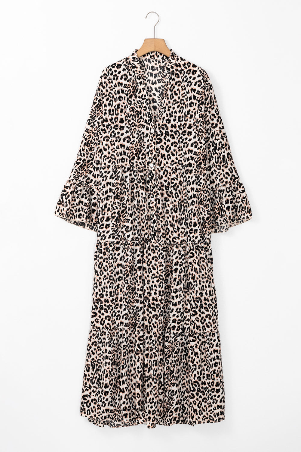 Apricot Leopard Print Tiered Wide Sleeve Maxi Dress Dear-Lover Dropshipping