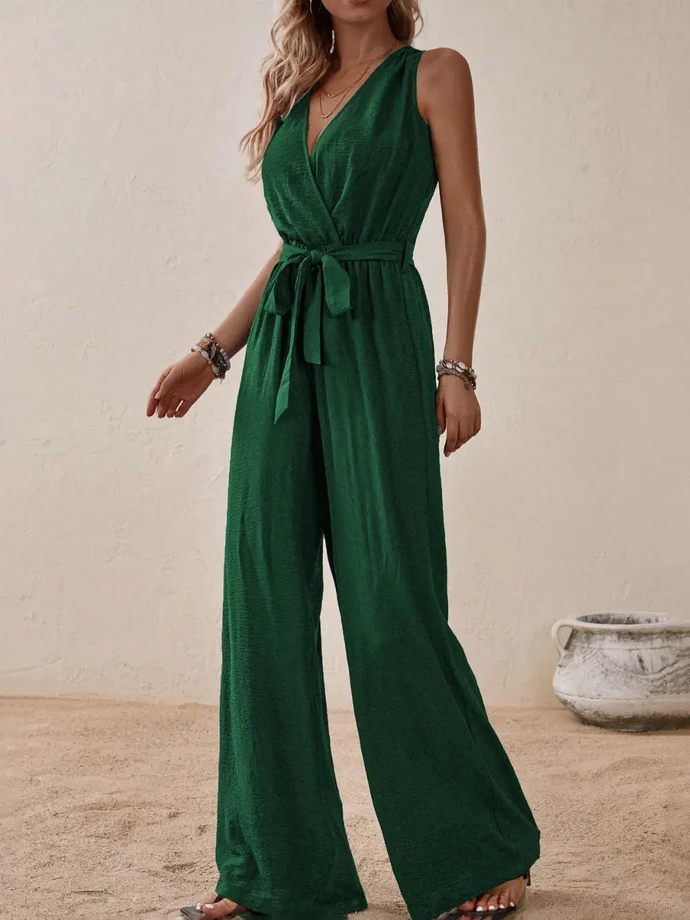 Honey Tied Surplice Sleeveless Wide Leg Jumpsuit.
