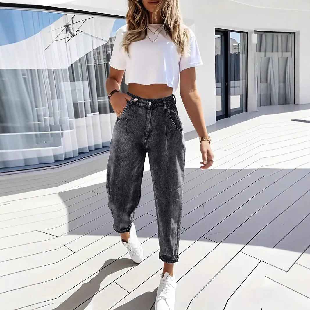 Plus Size Women's Fashion Stretch Tapered Pants Retro Washed Denim