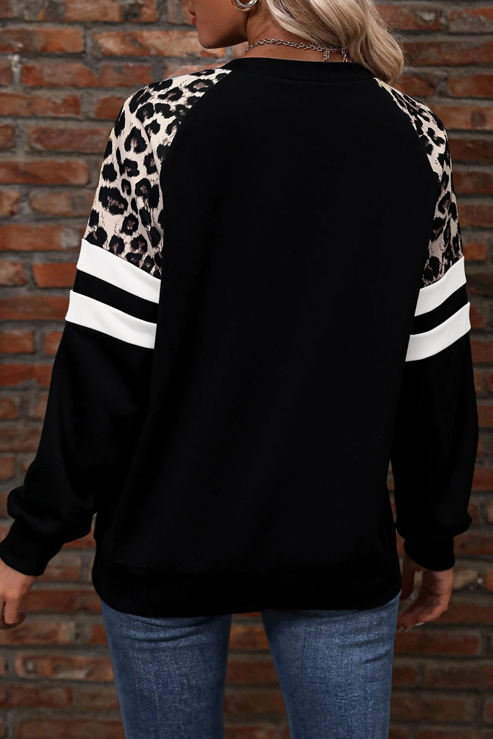 Black Leopard Print Colorblock Raglan Sleeve Sweatshirt Dear-Lover Dropshipping