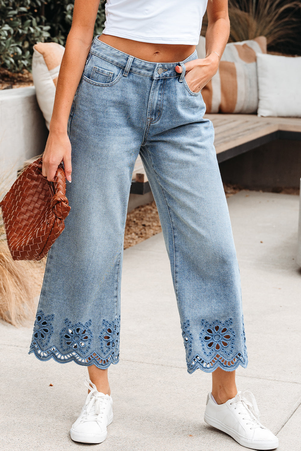 Dusk Blue Embroidered Cropped Wide Leg High Waist Jeans Dear-Lover Dropshipping