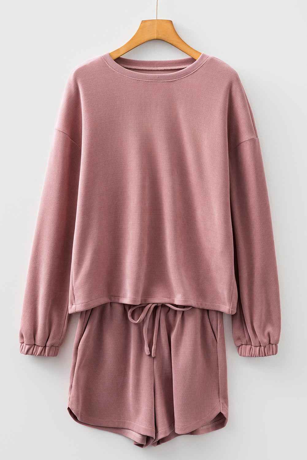 Fushia Solid Color Textured Knit Drop Shoulder Pullover Drawstring Shorts Set