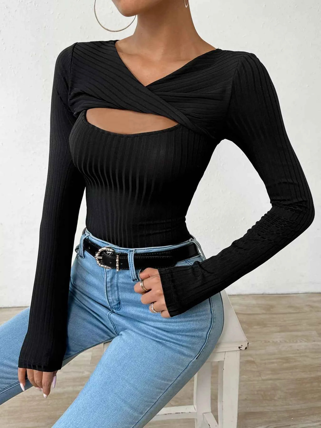 Twist Front Cutout Ribbed Long Sleeve T-Shirt