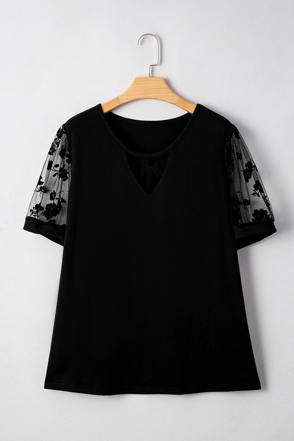 Black Floral Mesh Patchwork Loose V Neck Plus Size T Shirt Dear-Lover Dropshipping