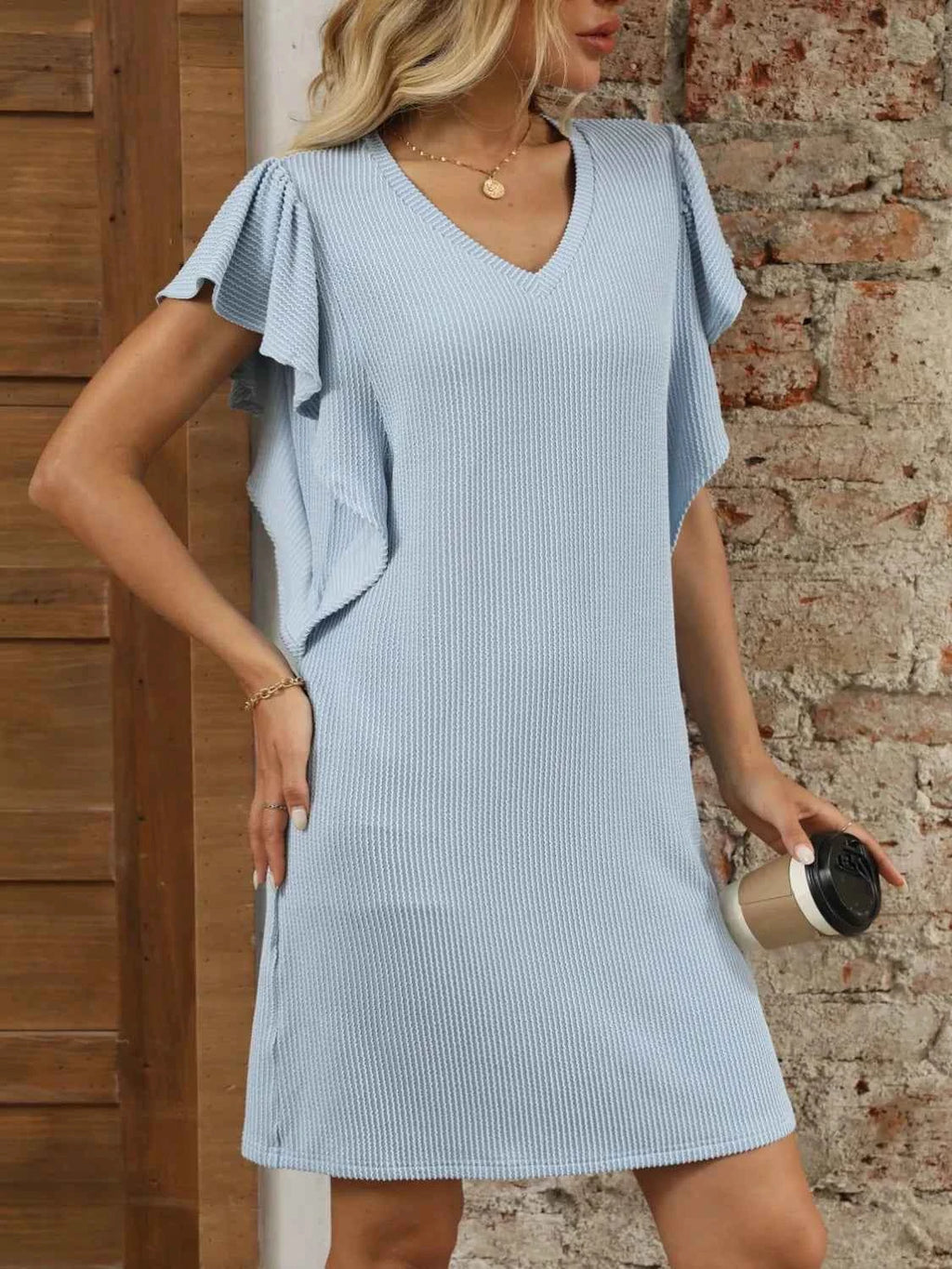 Ruffled V-Neck Cap Sleeve Mini Dress.