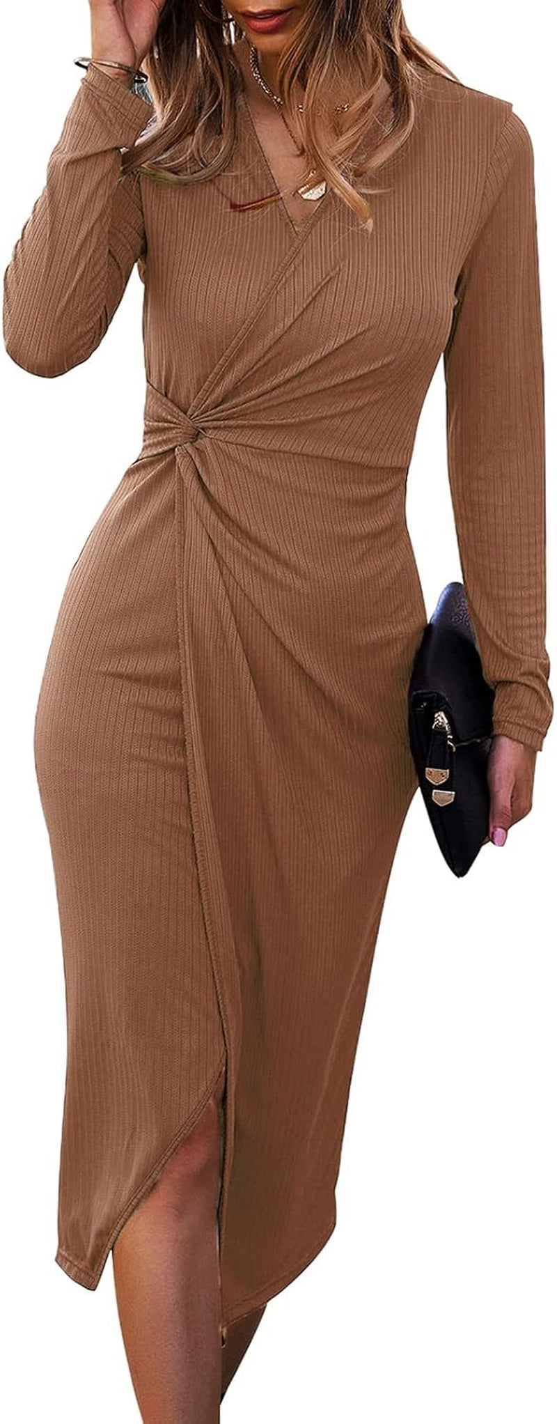SHIBEVER Women'S Long Sleeve Dress: Midi Casual V Neck Twist Waist Ribbed Knit Bodycon Slit Cocktail Party Dresses
