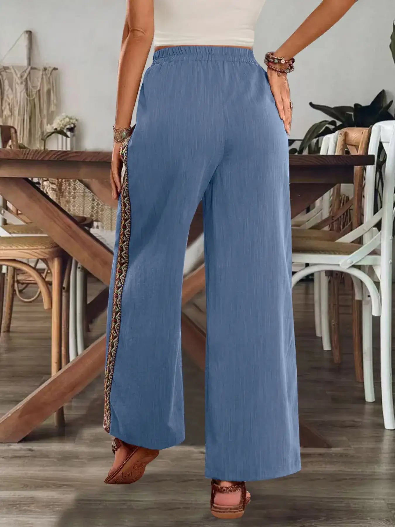 Bohemian Wide Leg Embroidered Side Stripe Pants.