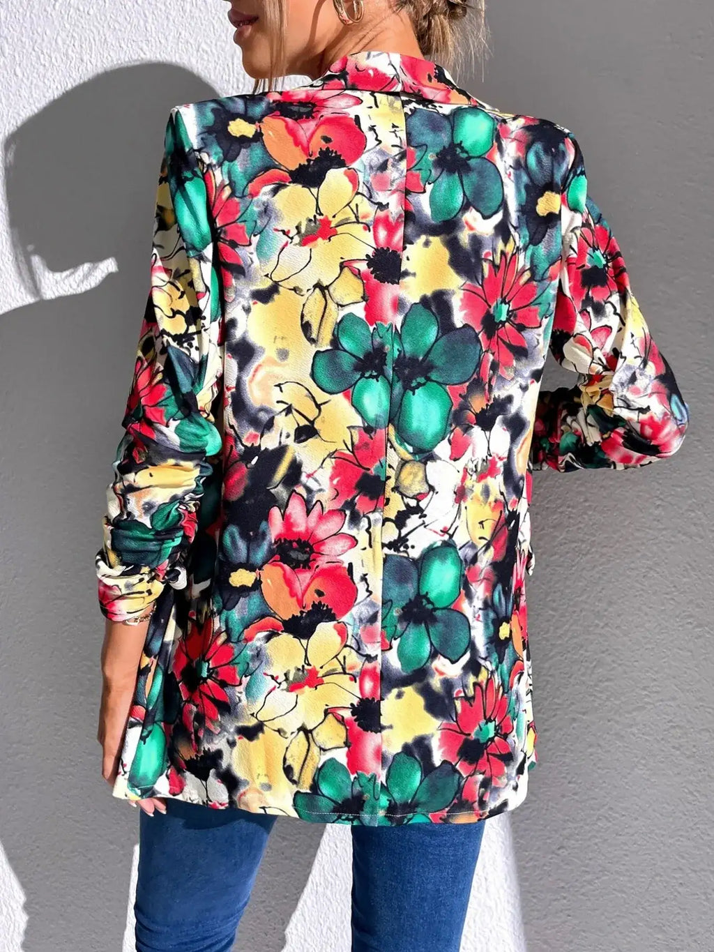Vibrant Floral Print Open Front Blazer.