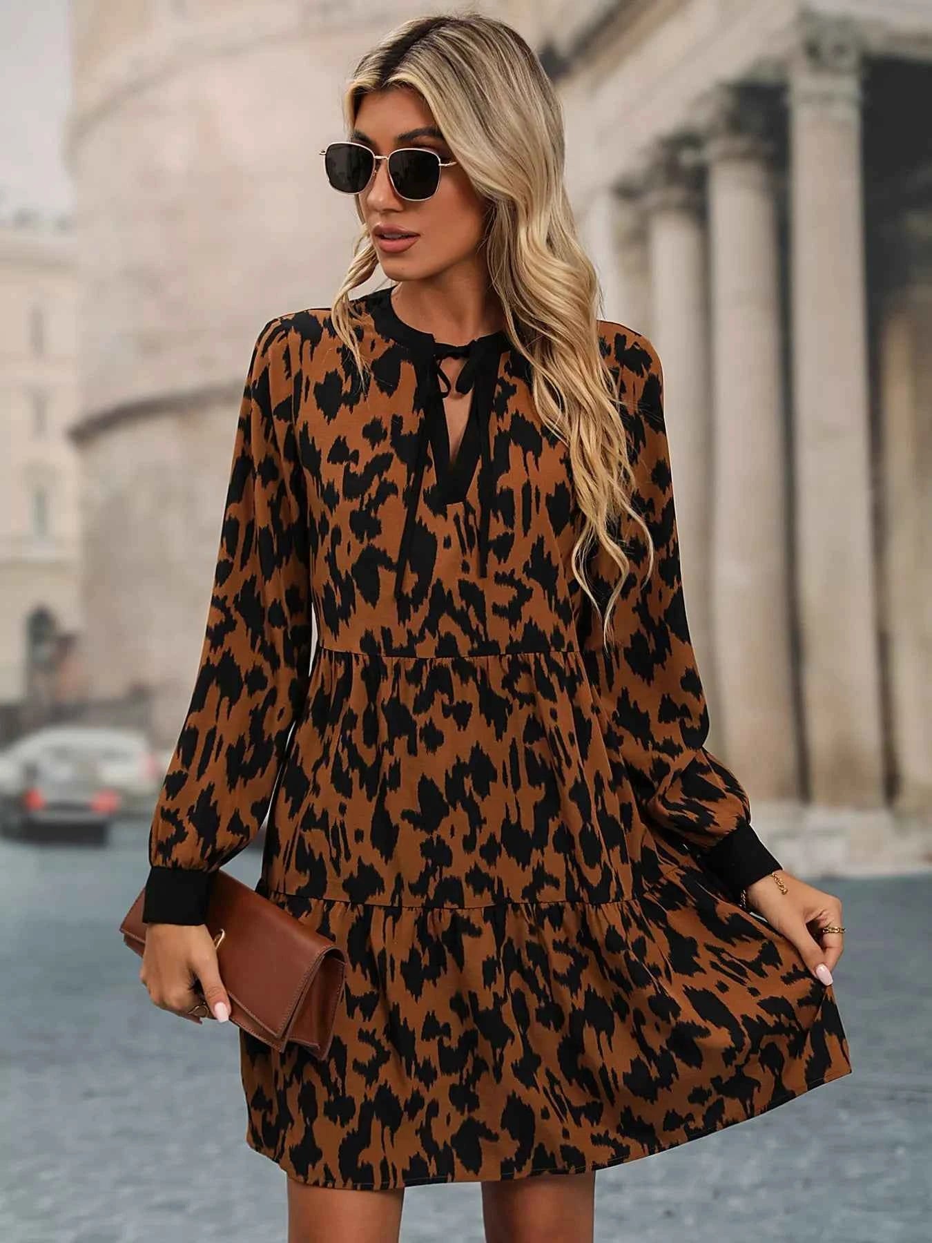 Leopard Tie Neck Long Sleeve Dress