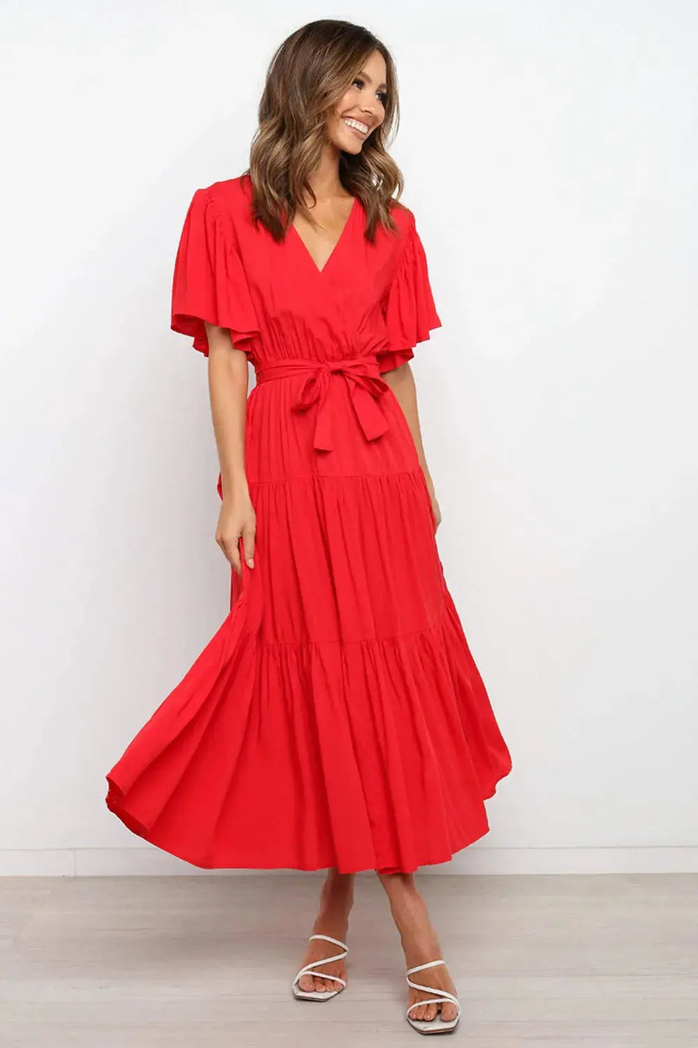 Front Tie Short Sleeve Tiered Midi Dress.