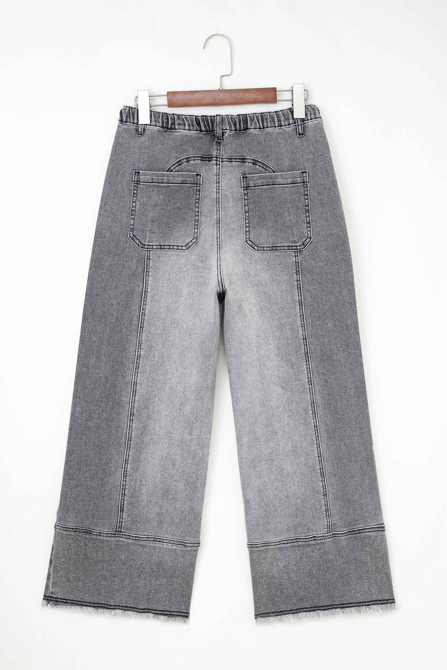 Gray Drawstring Seam Detail Raw Hem Wide Leg Denim Pants