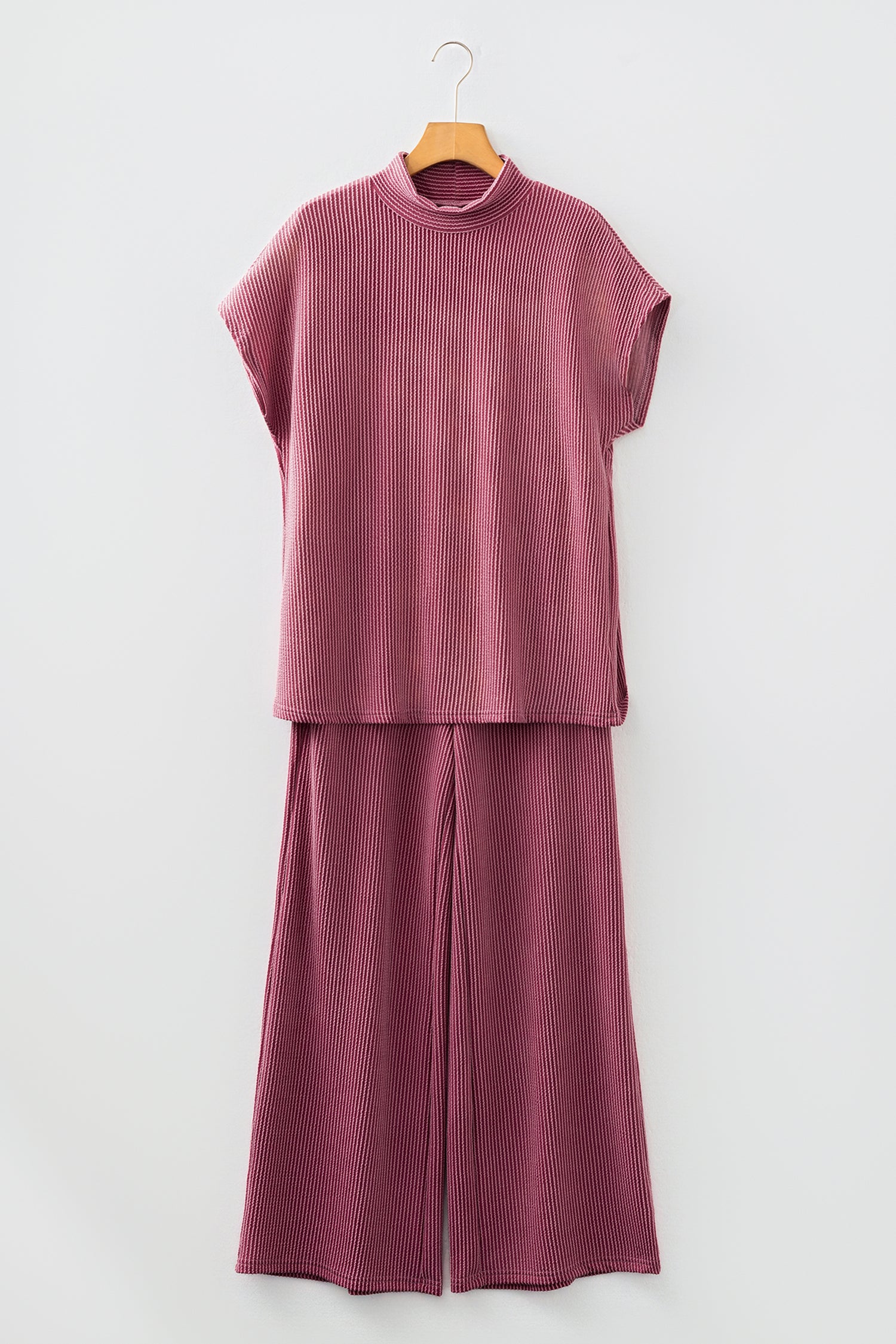 Burgundy Twisted Ribbed High Neck Loose Tee Elastic High Waist Loose Pant Set