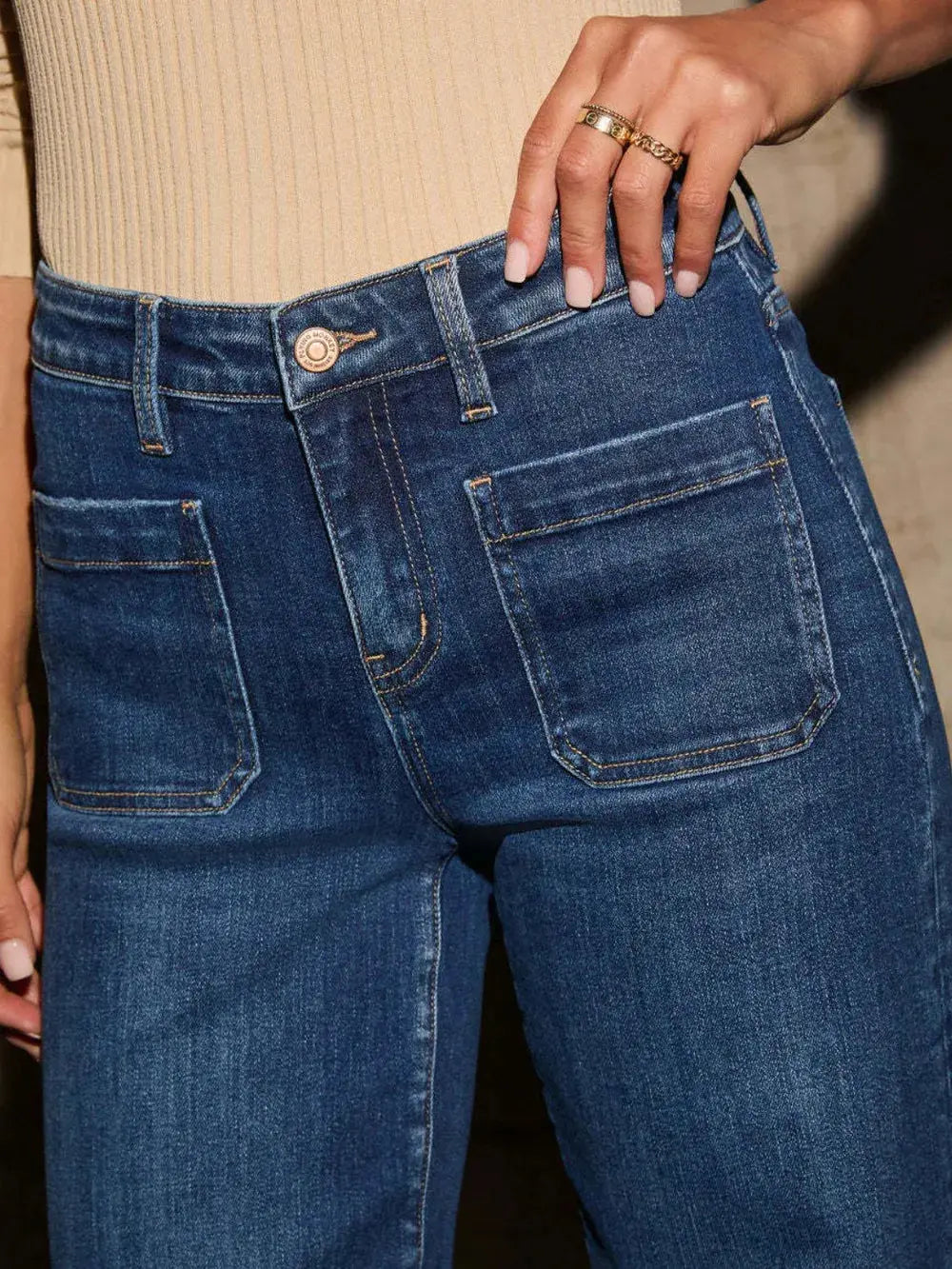 High Rise Front Pocket Patch Wide Leg Jeans.