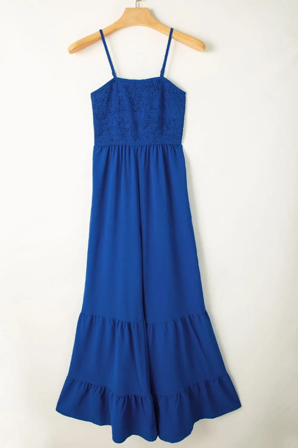 Spaghetti Straps Smocked Ruffled Wide Leg Jumpsuit.