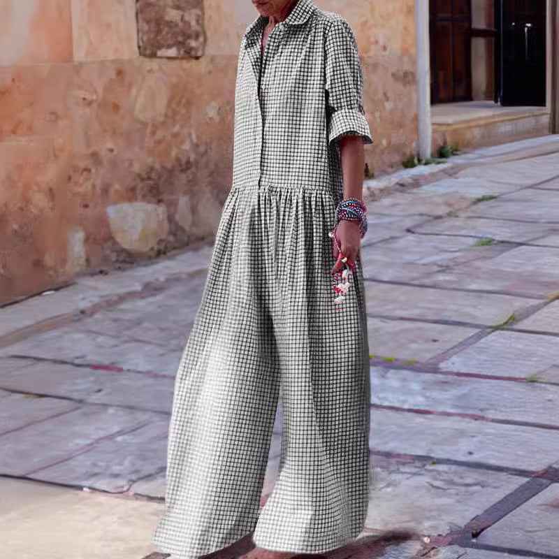 Fashion  Style Plaid Shirt Collar Long Sleeve Jumpsuit