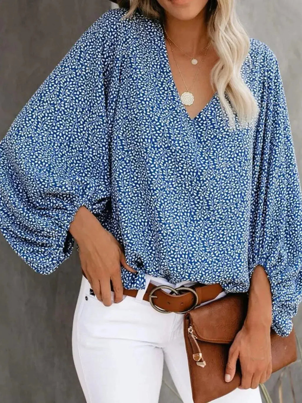 Printed V-Neck Long Sleeve Blouse.