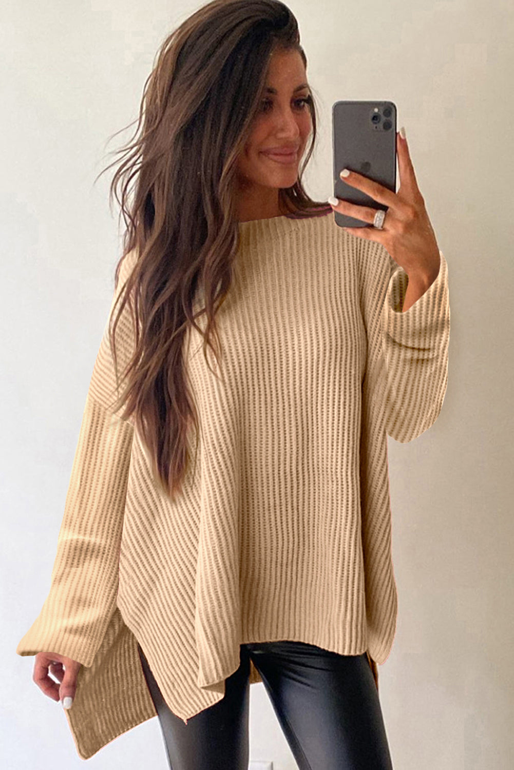 Apricot Cable Knit Drop Shoulder Side Slits Loose Sweater Dear-Lover Dropshipping