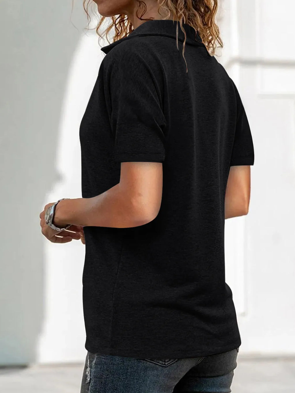 Zip Collar Short Sleeve Top.